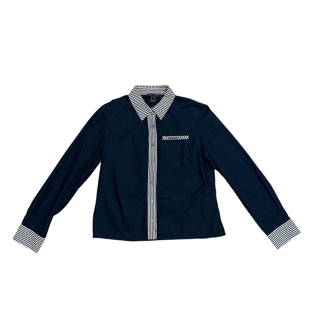Marc Jacobs Navy Blue Striped Trim Cotton Button Down‎ Shirt Womens 12 preppy